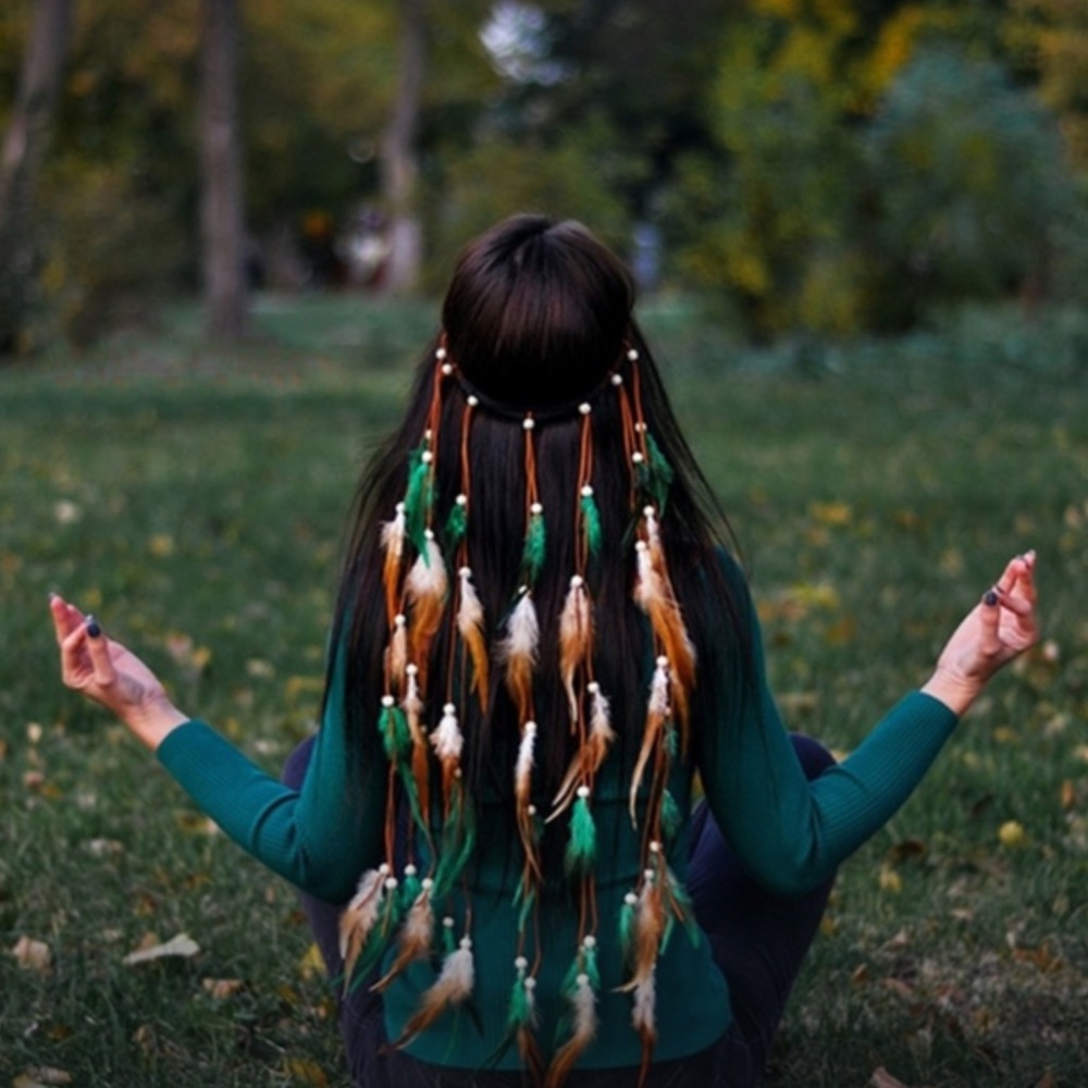 Boho Green & Brown Feather Headdress Headband